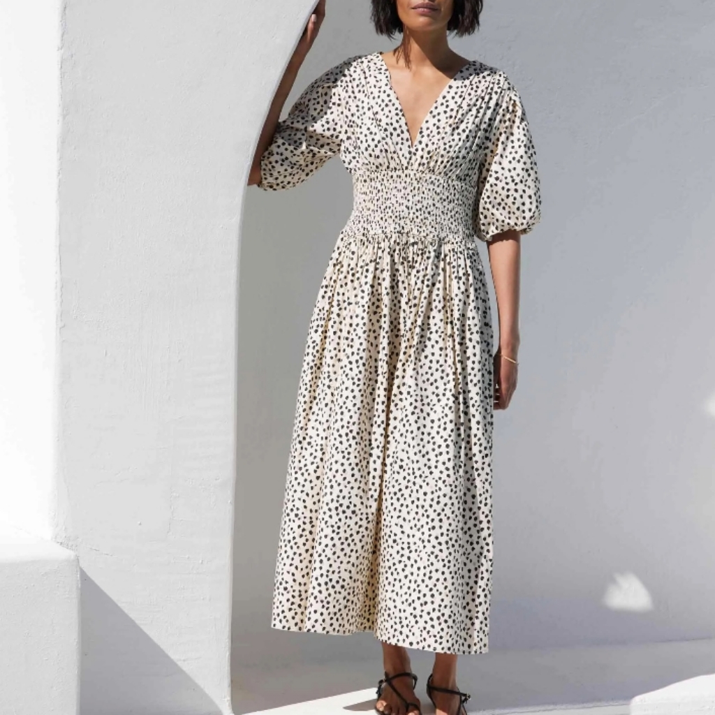 Ayr The Extra Extra Smocked Puff Sleeve Midi Dress Soft Spot Beige M